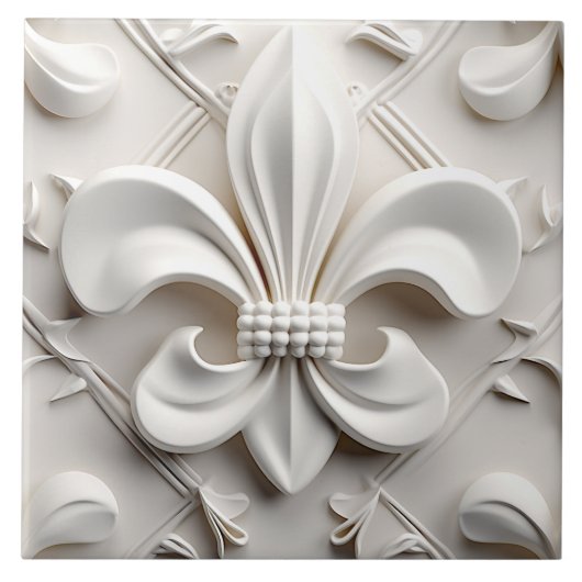 White Fleur De Lis Ceramic Tile タイル (正面)