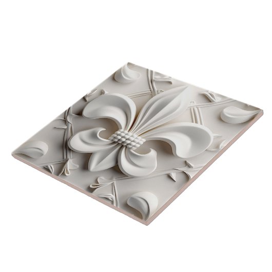 White Fleur De Lis Ceramic Tile タイル (側面)