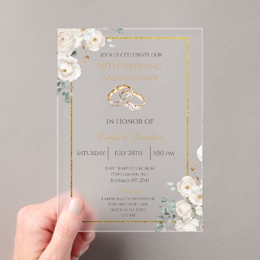 White floral 50th wedding anniversary アクリル招待状 (インサイチュ (ポータブル))