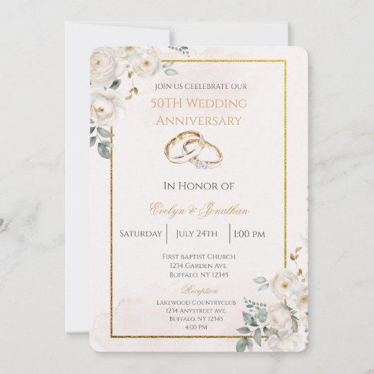 White floral 50th wedding anniversary 招待状 (正面)