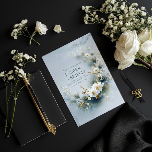 White Floral and Blue Pine Gold Wreath Wedding 招待状