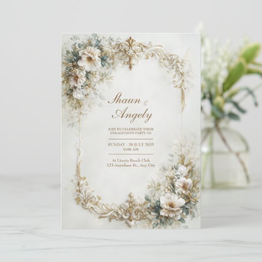 White Floral And Gold Baroque Scroll Wedding 招待状 (スタンド正面)
