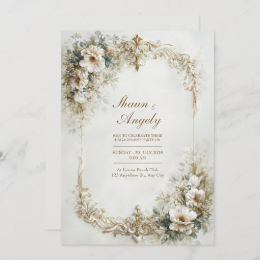 White Floral And Gold Baroque Scroll Wedding 招待状 (正面/裏面)