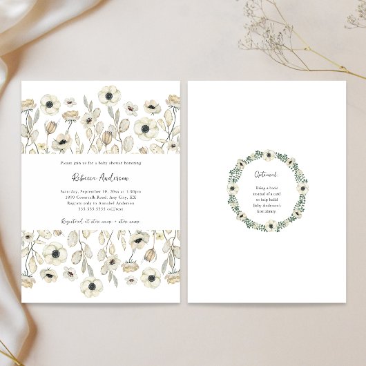 White Floral baby shower + book request 招待状