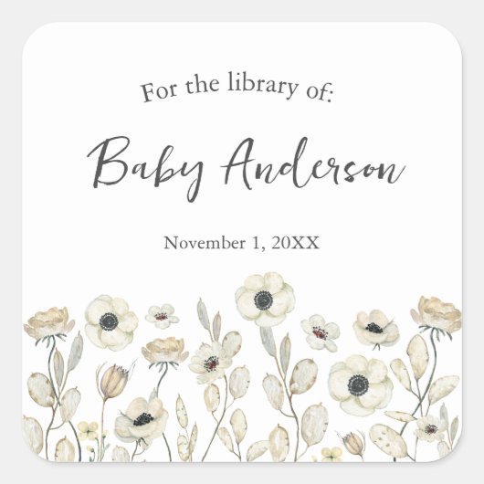 White Floral baby shower bookplate スクエアシール (正面)