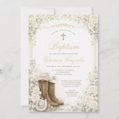 White Floral Baptism Invite with Cowboy Boots 招待状 (正面)
