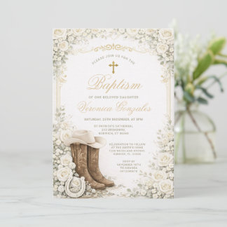 White Floral Baptism Invite with Cowboy Boots 招待状