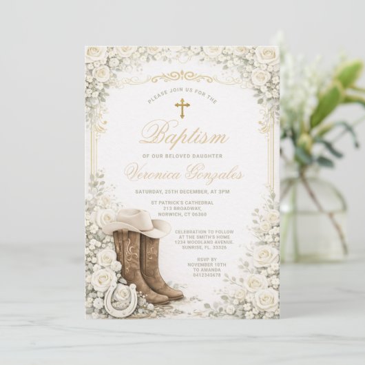 White Floral Baptism Invite with Cowboy Boots 招待状 (スタンド正面)