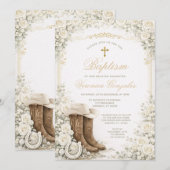 White Floral Baptism Invite with Cowboy Boots 招待状 (正面/裏面)