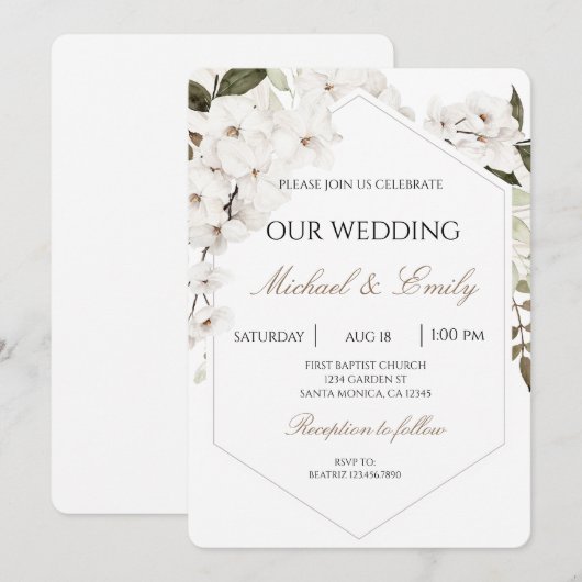 White Floral Boho Wedding Invitation 招待状 (正面/裏面)
