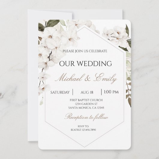 White Floral Boho Wedding Invitation 招待状 (正面)
