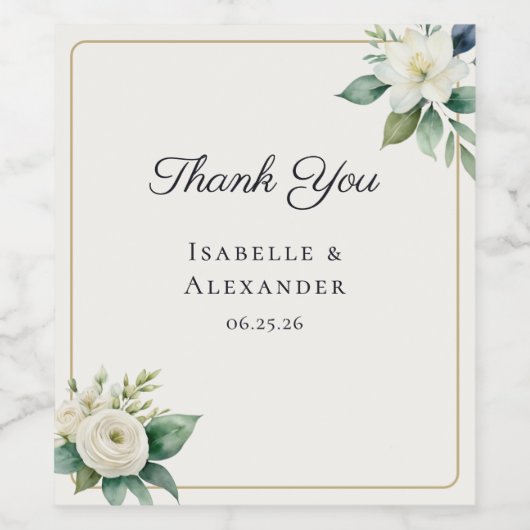 White Floral Botanical Greenery Elegant Wedding ワインラベル (シングルラベル)