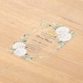 White Floral Butterflies Gold Quinceañera Quince アクリル招待状 (レイダウン)