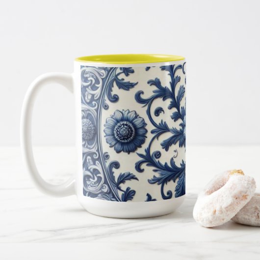 White Floral Ceramic Coffee Mug, 15oz ツートーンマグカップ (ドーナツ)