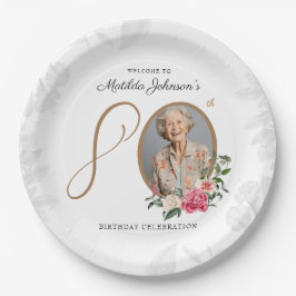 White Floral Classy Custom 80th Birthday Party ペーパープレート