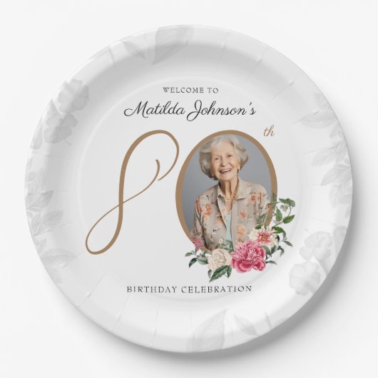 White Floral Classy Custom 80th Birthday Party ペーパープレート (正面)