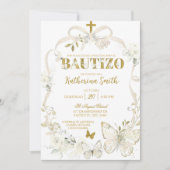 White Floral Coquette Butterfly Spanish Baptism 招待状 (正面)