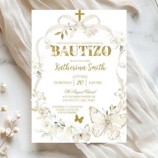 White Floral Coquette Butterfly Spanish Baptism 招待状