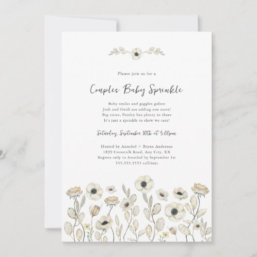 White Floral couples baby sprinkle + diaper raffle 招待状 (正面)