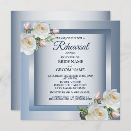 White Floral Elegant Blue Gray Rehearsal Dinner 招待状