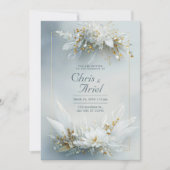 White Floral Feather Gold Frame Elegant Wedding 招待状 (正面)