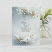 White Floral Feather Gold Frame Elegant Wedding 招待状 (スタンド正面)