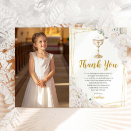 White Floral First Holy Communion Chalice Photo サンキューカード
