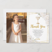 White Floral First Holy Communion Chalice Photo サンキューカード (正面)