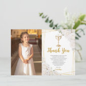 White Floral First Holy Communion Chalice Photo サンキューカード (スタンド正面)