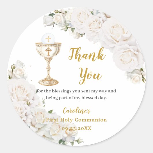 White Floral First Holy Communion Chalice Photo ラウンドシール (正面)