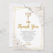 White Floral First Holy Communion Gold Chalice サンキューカード (正面)