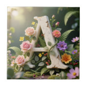 White Floral Garden Monogram Letter A タイル (正面)