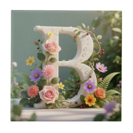 White Floral Garden Monogram Letter B タイル