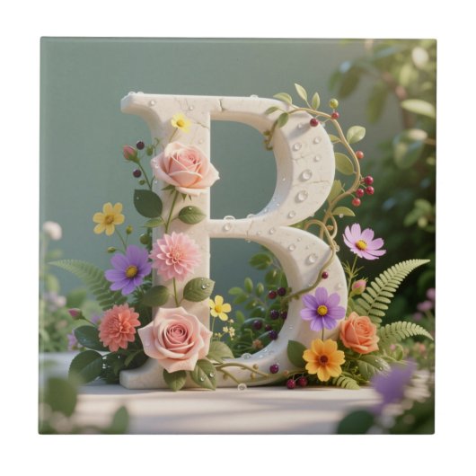 White Floral Garden Monogram Letter B タイル (正面)