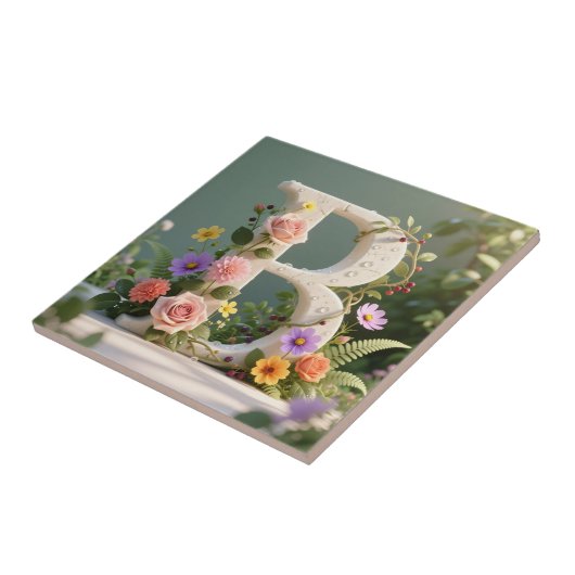 White Floral Garden Monogram Letter B タイル (側面)