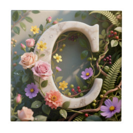 White Floral Garden Monogram Letter C タイル