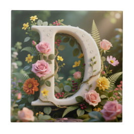 White Floral Garden Monogram Letter D タイル