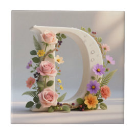 White Floral Garden Monogram Letter D タイル