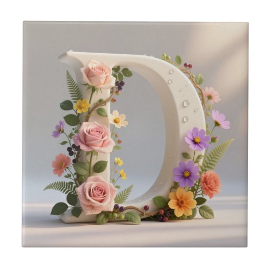 White Floral Garden Monogram Letter D タイル (正面)