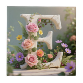White Floral Garden Monogram Letter E タイル