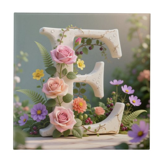 White Floral Garden Monogram Letter E タイル (正面)