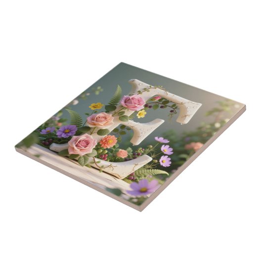 White Floral Garden Monogram Letter E タイル (側面)