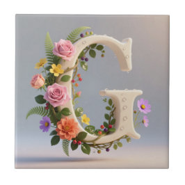 White Floral Garden Monogram Letter G タイル