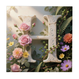 White Floral Garden Monogram Letter H タイル