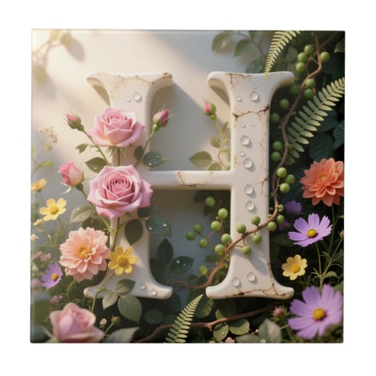 White Floral Garden Monogram Letter H タイル (正面)
