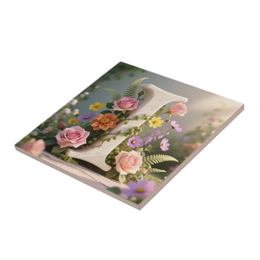 White Floral Garden Monogram Letter I タイル (側面)