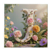 White Floral Garden Monogram Letter J タイル (正面)