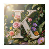 White Floral Garden Monogram Letter K タイル (正面)