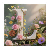 White Floral Garden Monogram Letter L タイル (正面)