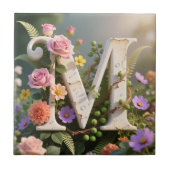 White Floral Garden Monogram Letter M タイル (正面)